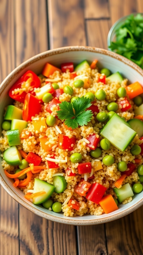 Asian Quinoa Salad Recipe A vibrant Asian quinoa salad with bell peppers, cucumbers, carrots, and edamame, garnished with cilantro and sesame seeds.